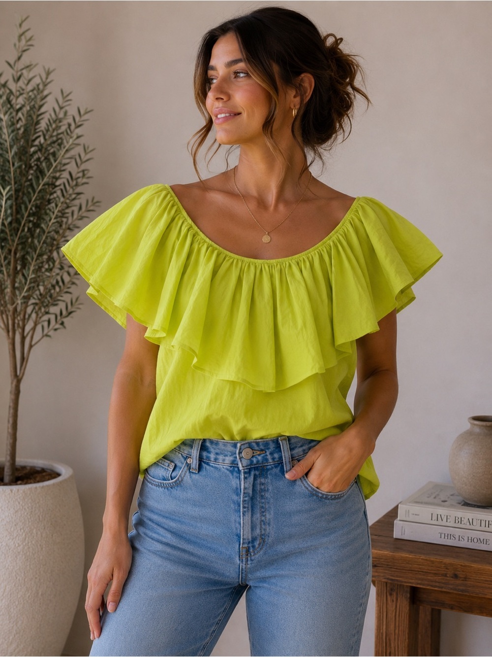 Soirée Vibrant Chartreuse Ruffle Neck Blouse Size F S M Summer Lightweight
